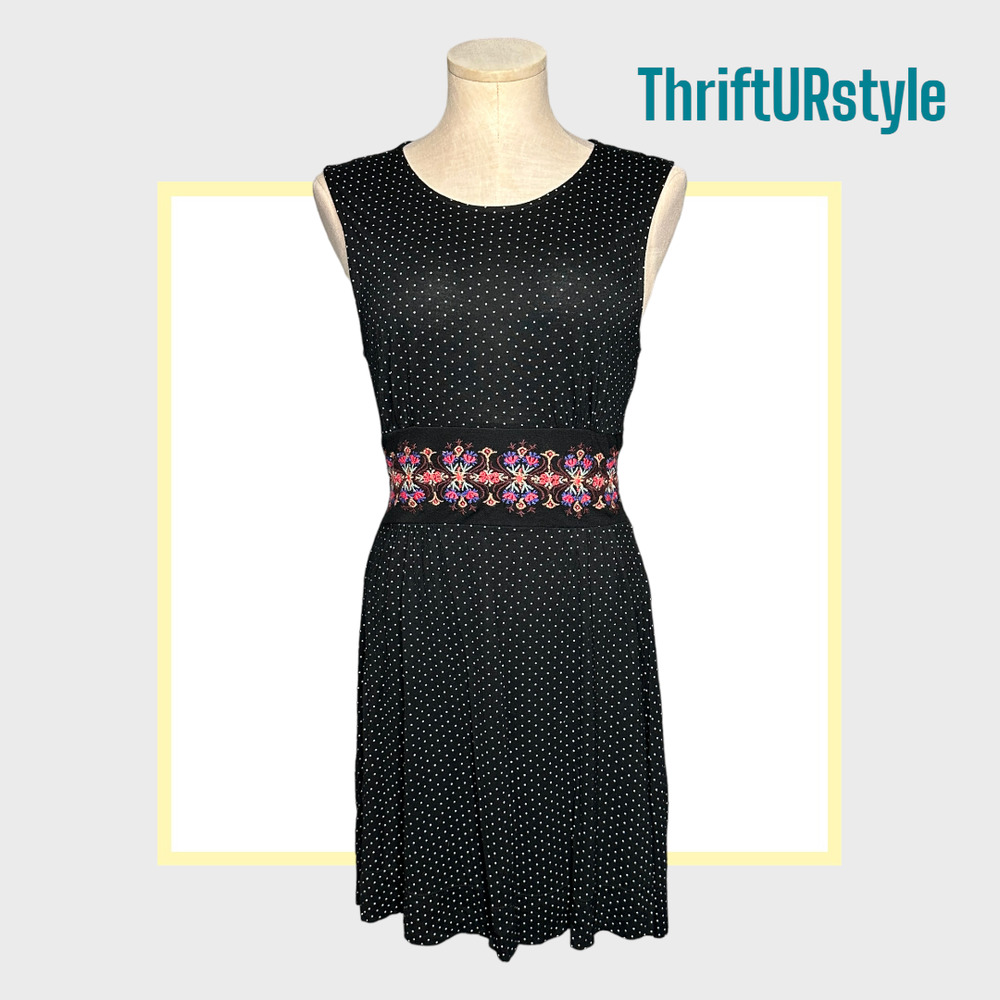 Free‎ People Black Polka Dot Sleeveless Dress Embroidered Waist Keyhole Back